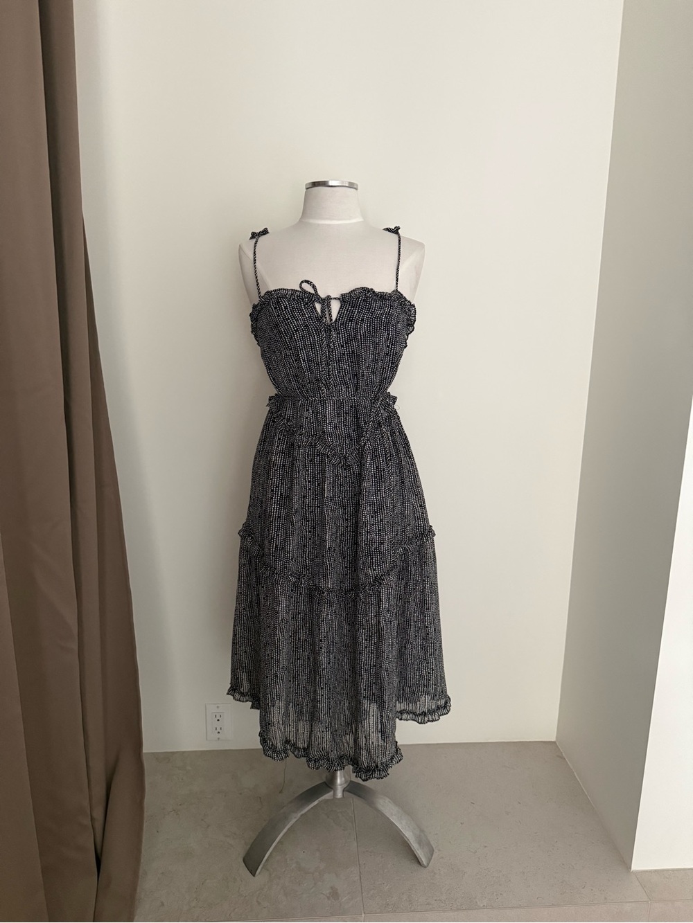 Smocked Tiered Spaghetti-Strap Midi Dress in Black